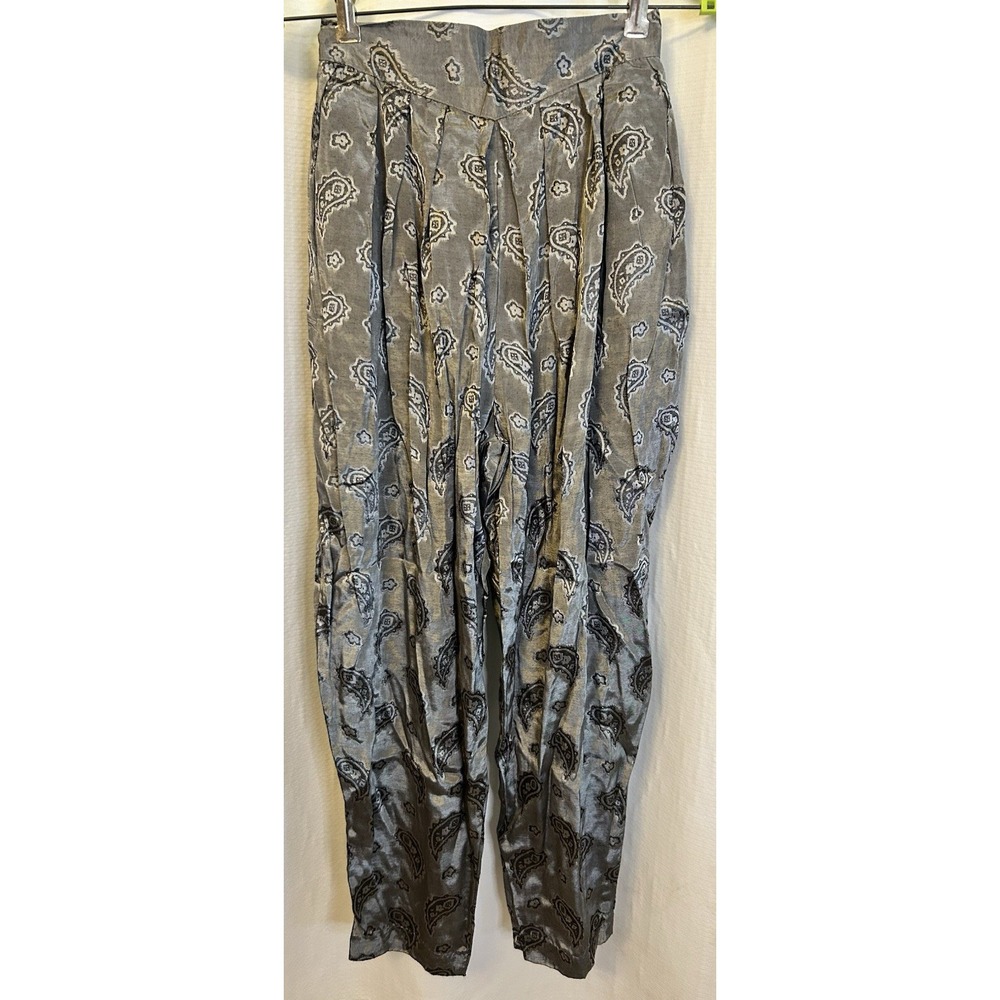 VTG 90s Harem Pants Paisley Genie MC Hammer Silver Satin Womens Sz 3/4 Hip Hop